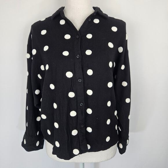 Zara Black Button Up Embroidered Pom Pom Polka Dot Collared Dolman Sleeve Top XS - Picture 4 of 14